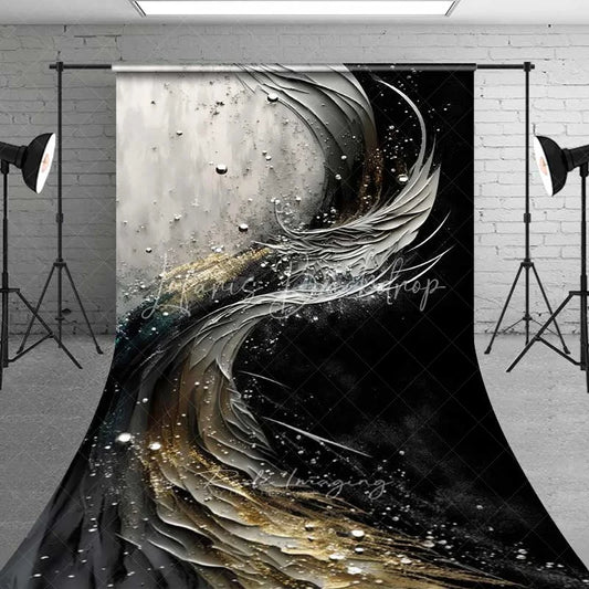 Lofaris Black White and Gold 3D Sweeping Lines Backdrop Metallic Droplets Abstract Photography Background