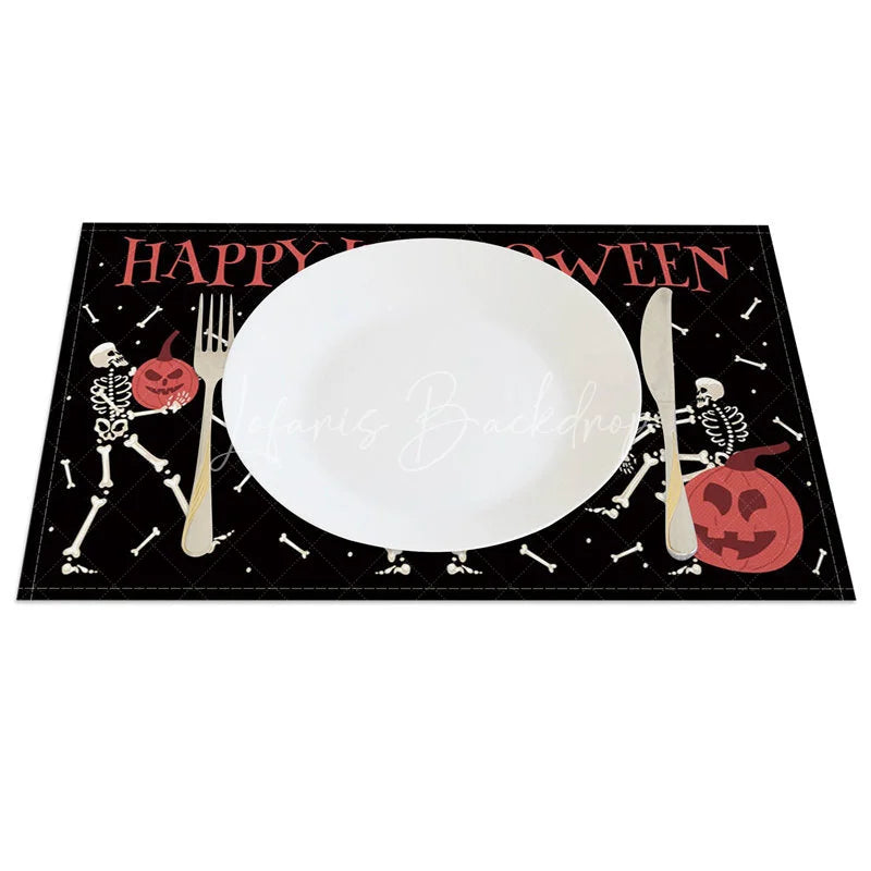 Lofaris Black White and Red Skeletons with Pumpkins Set of 4 Placemats for Spooky Halloween Party Decor