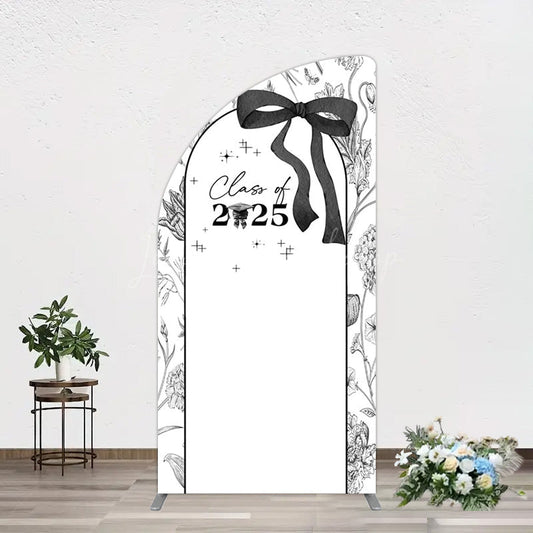 Lofaris Black White Bow Floral Congrats Graduation Half Moon Arch Backdrop