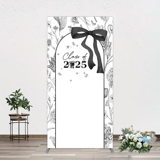 Lofaris Black White Bow Floral Congrats Graduation Rectangle Backdrop