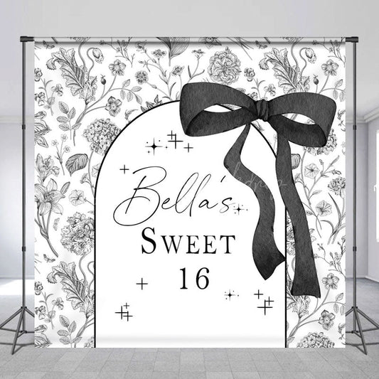 Lofaris Black White Floral Custom Name Sweet 16 Backdrop