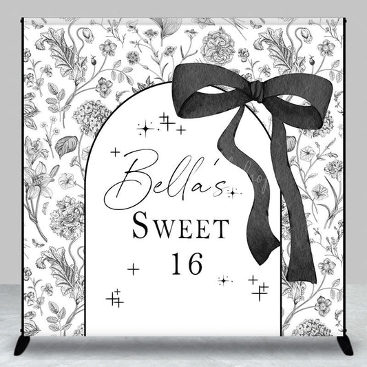 Lofaris Black White Floral Custom Name Sweet 16 Backdrop
