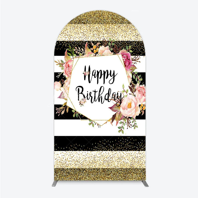Lofaris Black White Stripe Birthday Arch Backdrop Pink Floral Gold Glitter Party Decoration Geometric Chic Background