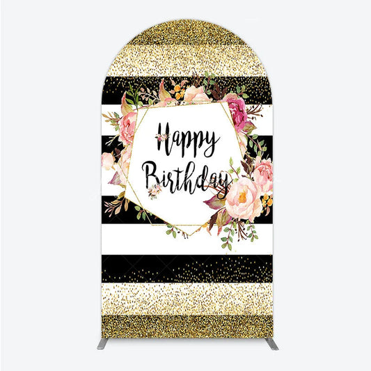 Lofaris Black White Stripe Birthday Arch Backdrop Pink Floral Gold Glitter Party Decoration Geometric Chic Background
