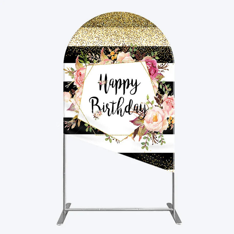 Lofaris Black White Stripe Birthday Arch Backdrop Pink Floral Gold Glitter Party Decoration Geometric Chic Background