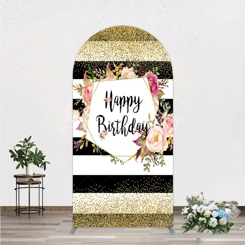 Lofaris Black White Stripe Birthday Arch Backdrop Pink Floral Gold Glitter Party Decoration Geometric Chic Background