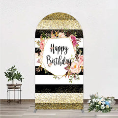 Lofaris Black White Stripe Birthday Arch Backdrop Pink Floral Gold Glitter Party Decoration Geometric Chic Background