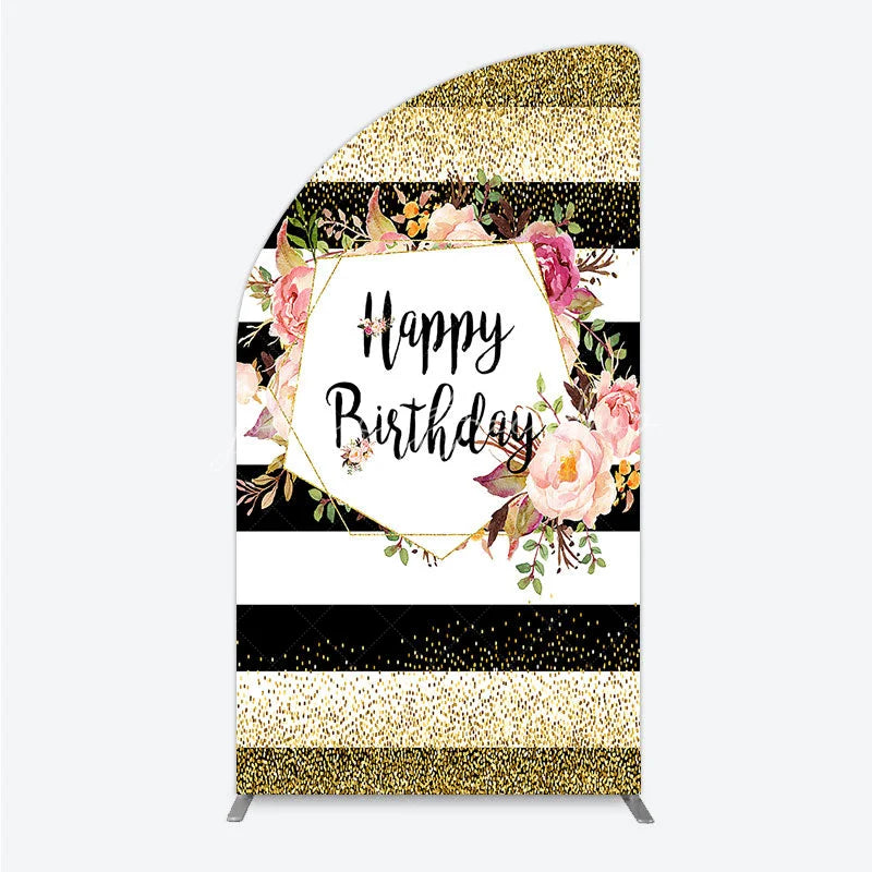 Lofaris Black White Stripe Birthday Half Moon Arch Backdrop Pink Floral Gold Glitter Party Decoration Geometric Chic Background