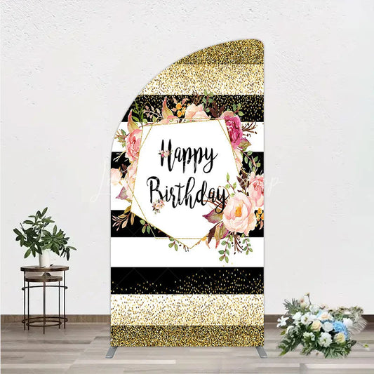 Lofaris Black White Stripe Birthday Half Moon Arch Backdrop Pink Floral Gold Glitter Party Decoration Geometric Chic Background