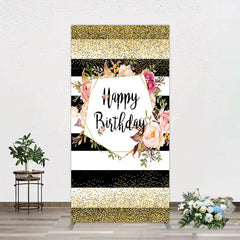 Lofaris Black White Stripe Birthday Rectangle Backdrop Pink Floral Gold Glitter Party Decoration Geometric Chic Background