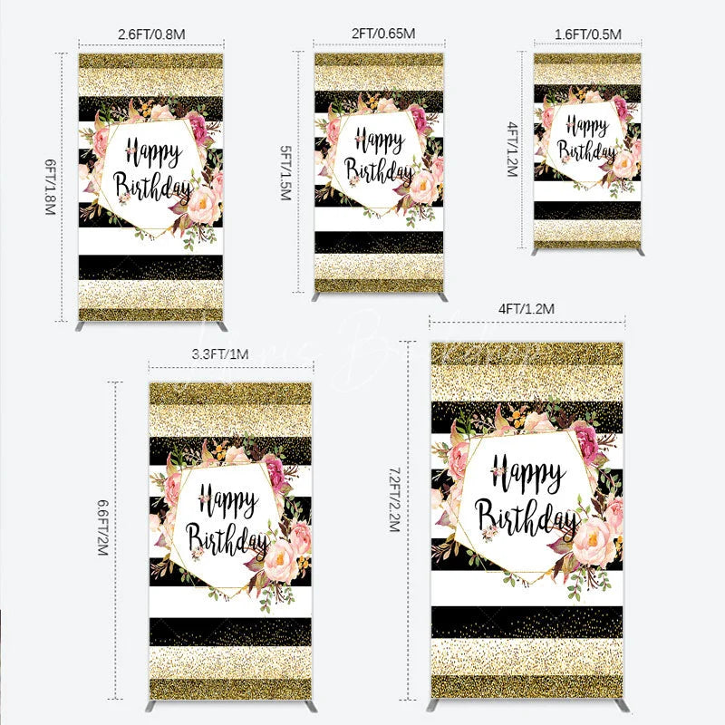 Lofaris Black White Stripe Birthday Rectangle Backdrop Pink Floral Gold Glitter Party Decoration Geometric Chic Background