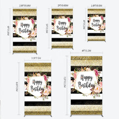 Lofaris Black White Stripe Birthday Rectangle Backdrop Pink Floral Gold Glitter Party Decoration Geometric Chic Background