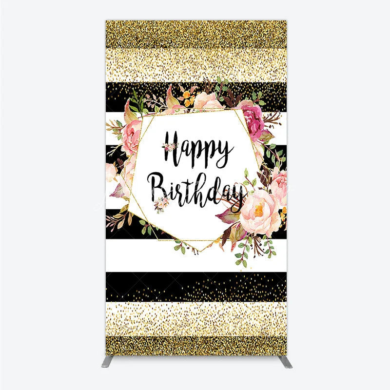 Lofaris Black White Stripe Birthday Rectangle Backdrop Pink Floral Gold Glitter Party Decoration Geometric Chic Background