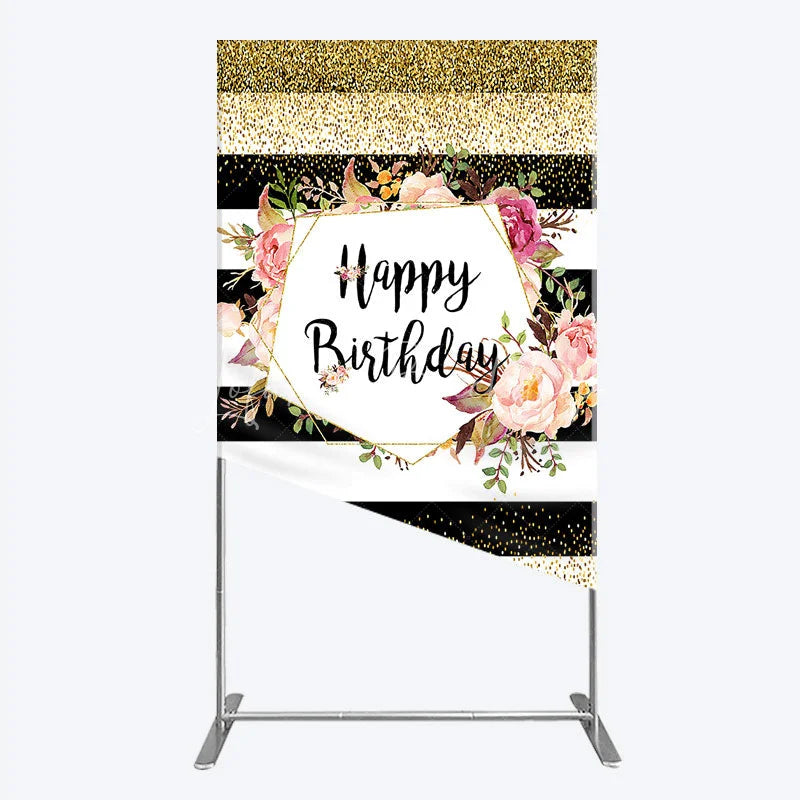 Lofaris Black White Stripe Birthday Rectangle Backdrop Pink Floral Gold Glitter Party Decoration Geometric Chic Background