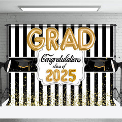 Lofaris Black White Stripe Gold Balloon Congrats Grad Backdrop