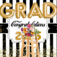 Lofaris Black White Stripe Gold Balloon Congrats Grad Backdrop