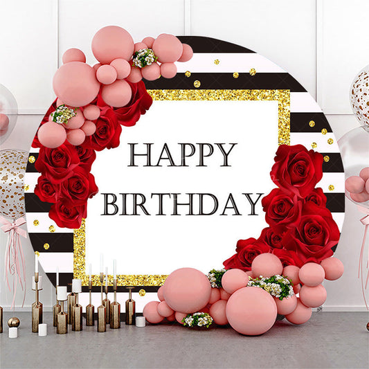 Lofaris Black White Stripe Rose Round Happy Birthday Backdrop
