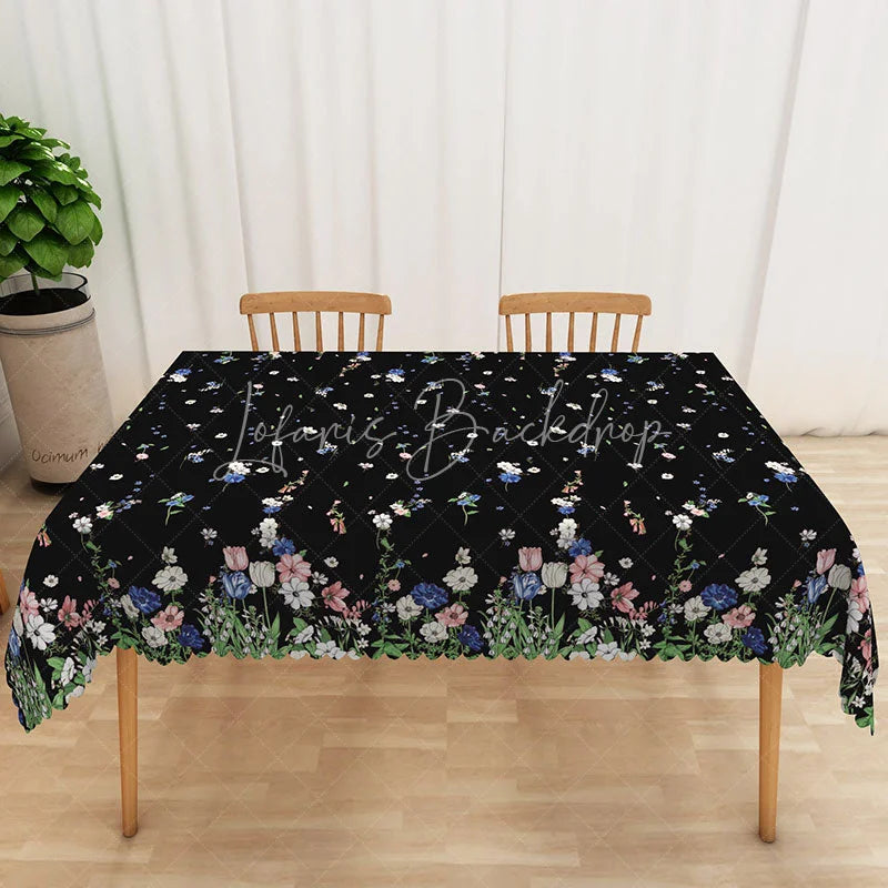 Lofaris Black Wildflower Rectangle Tablecloth Small Ditsy Floral Table Cover Rustic Farmhouse Home Decor