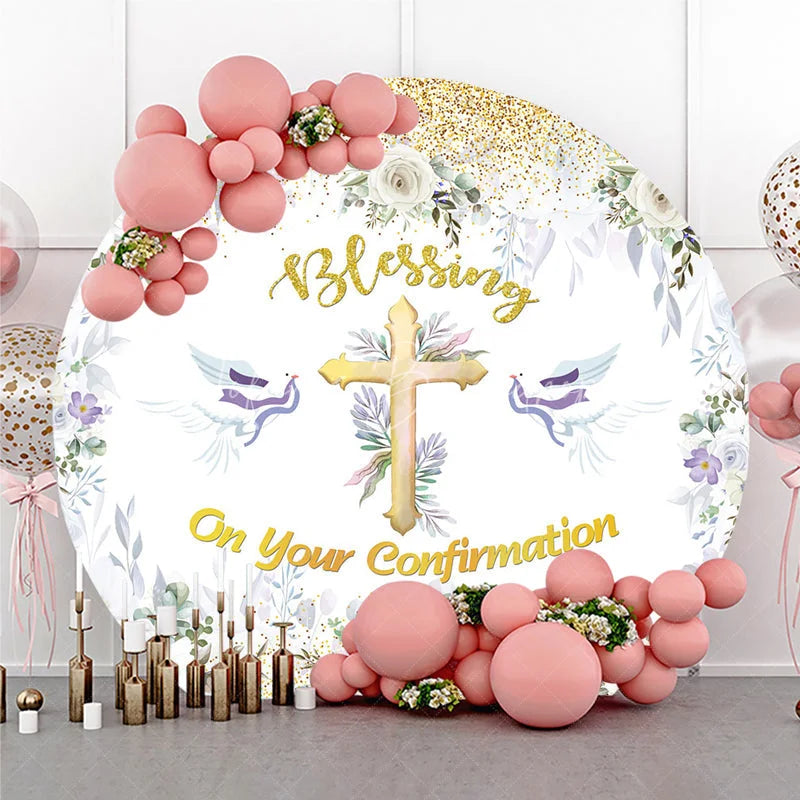 Lofaris Blessing On Your Confirmation Round Backdrop Gold Cross and Doves for Baptism or First Holy Communion Party