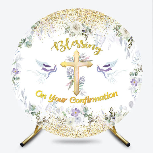 Lofaris Blessing On Your Confirmation Round Backdrop Gold Cross and Doves for Baptism or First Holy Communion Party