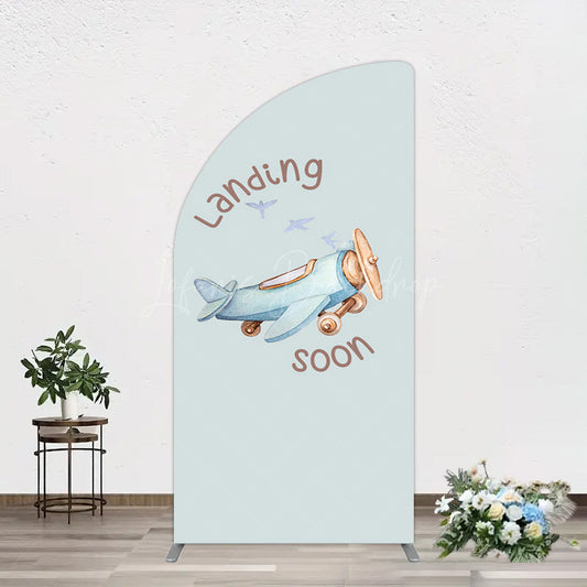 Lofaris Blue Airplane Landing Soon Baby Shower Half Moon Arch Backdrop