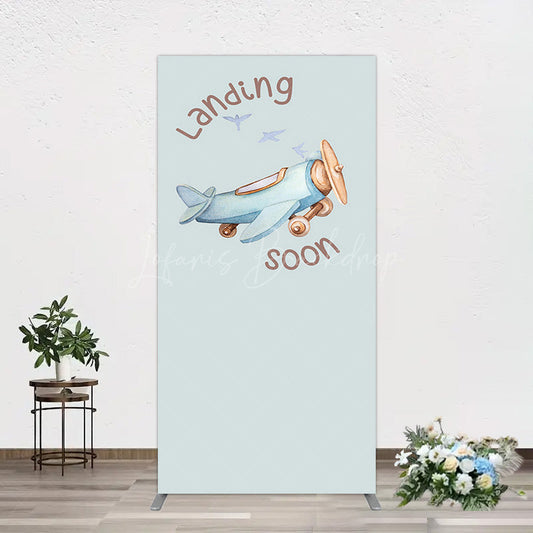 Lofaris Blue Airplane Landing Soon Baby Shower Rectangle Backdrop