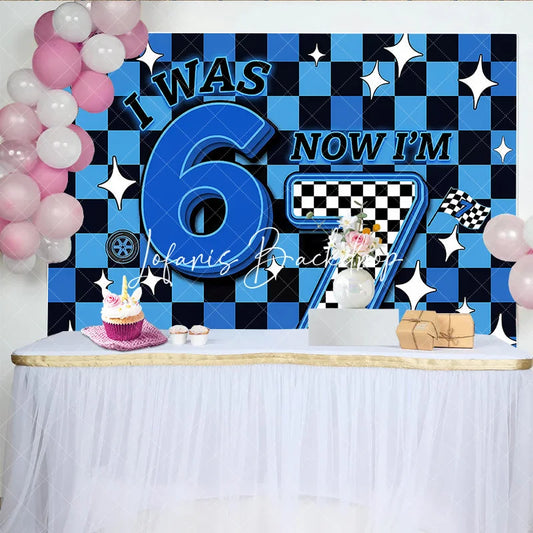 Lofaris Blue and Black Checkered Racing I Was 6 Now Am 7 Birthday Backdrop Fun Kids Party Decor with Stars