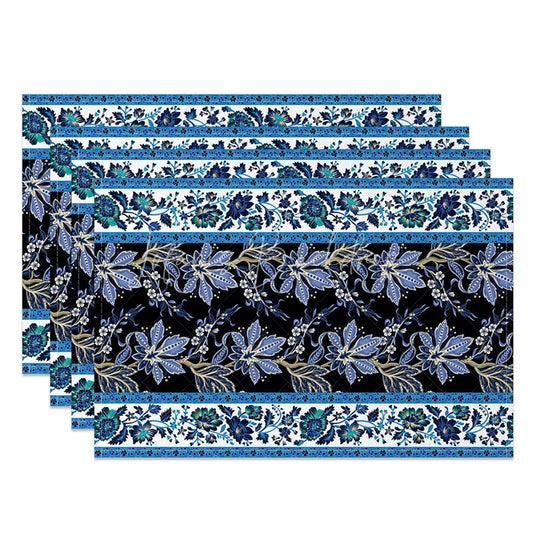 Lofaris Blue and Black Floral Stripe Set of 4 Placemats Vintage Flower Pattern Elegant Dining Table Mats