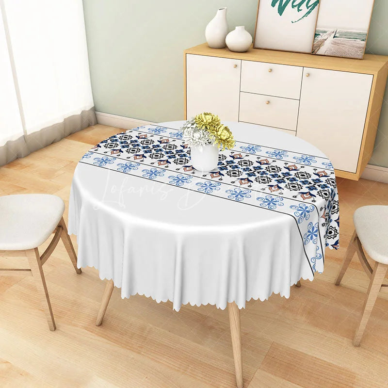 Lofaris Blue and Black Geometric Floral Runner Round Tablecloth Elegant Bohemian Style Table Cover