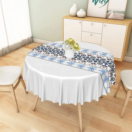 Lofaris Blue and Black Geometric Floral Runner Round Tablecloth Elegant Bohemian Style Table Cover