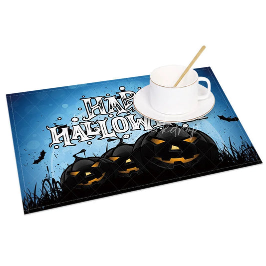Lofaris Blue and Black Jack-O’-Lantern Halloween Set of 4 Placemats for Unique Spooky Kids Party Decor