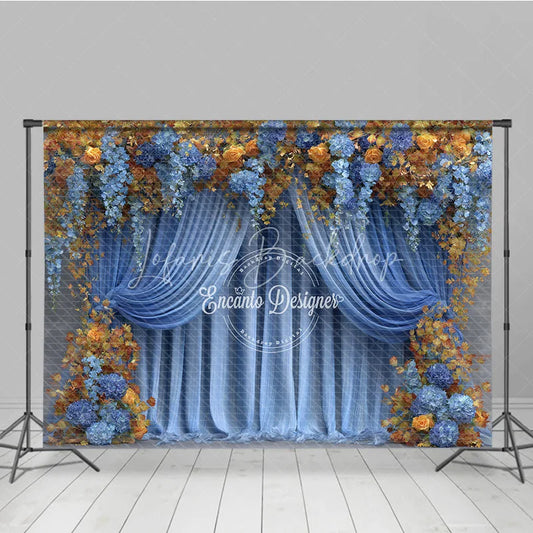 Lofaris Blue and Gold Floral Backdrop Wedding Stage Curtains with Orange Roses Elegant Party Photography Background