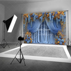 Lofaris Blue and Gold Floral Backdrop Wedding Stage Curtains with Orange Roses Elegant Party Photography Background
