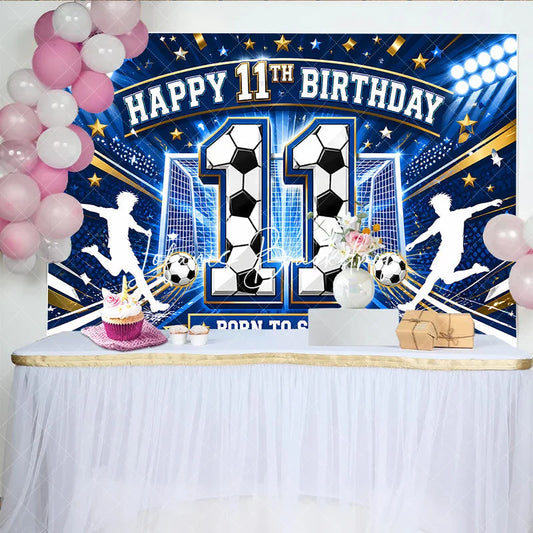 Lofaris Blue and Gold Soccer Happy 11th Birthday Backdrop Boys Sports Theme Born to Score Football Party Decor