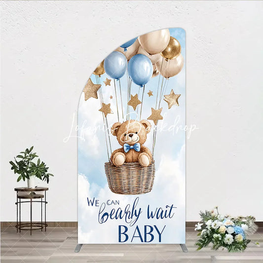 Lofaris Blue and Gold Teddy Bear Hot Air Balloon Half Moon Arch Backdrop We Can Bearly Wait Baby Shower Party Decor