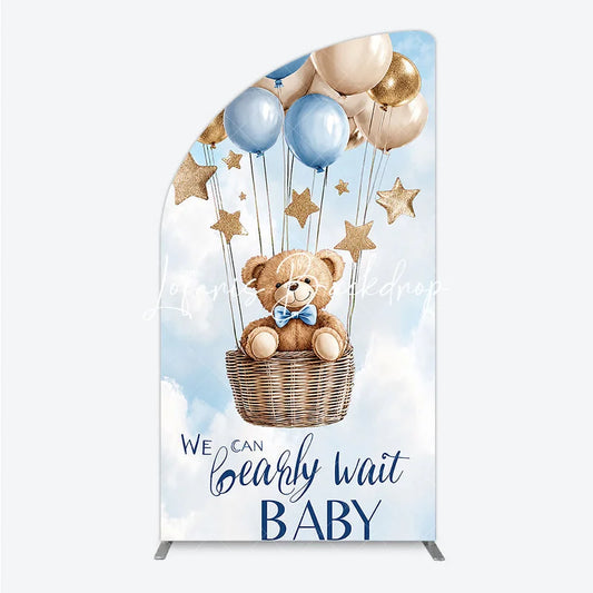 Lofaris Blue and Gold Teddy Bear Hot Air Balloon Half Moon Arch Backdrop We Can Bearly Wait Baby Shower Party Decor