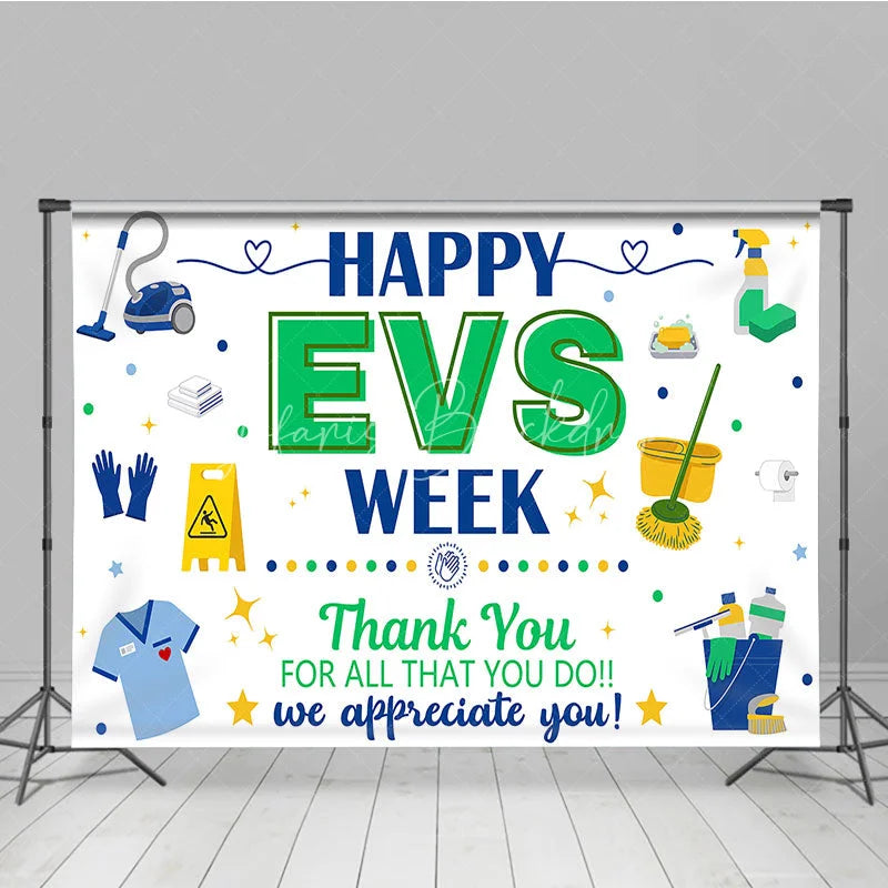 Lofaris Blue and Green Happy EVS Week Appreciation Holiday Backdrop featuring Cleaning Supplies a Thank You Message