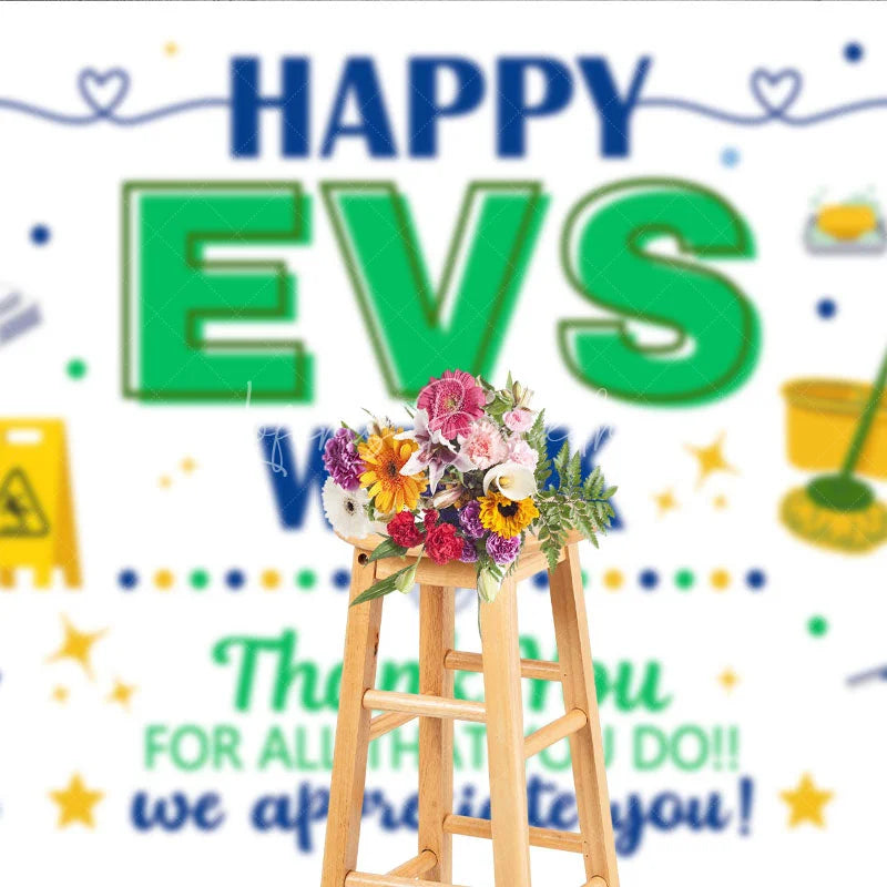 Lofaris Blue and Green Happy EVS Week Appreciation Holiday Backdrop featuring Cleaning Supplies a Thank You Message