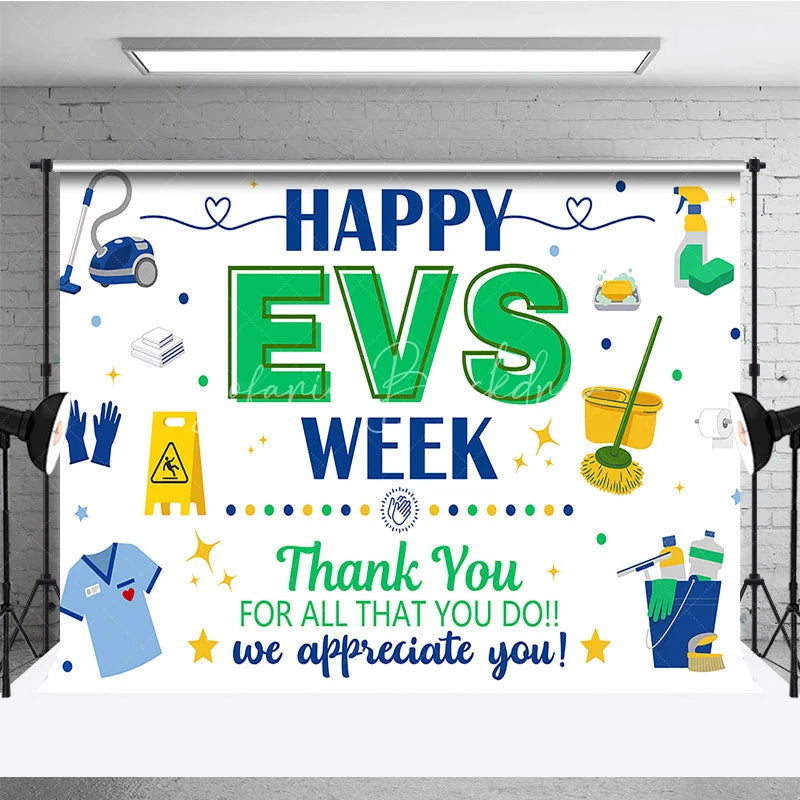 Lofaris Blue and Green Happy EVS Week Appreciation Holiday Backdrop featuring Cleaning Supplies a Thank You Message