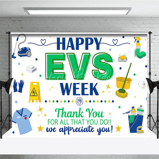 Lofaris Blue and Green Happy EVS Week Appreciation Holiday Backdrop featuring Cleaning Supplies a Thank You Message