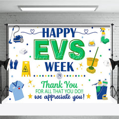 Lofaris Blue and Green Happy EVS Week Appreciation Holiday Backdrop featuring Cleaning Supplies a Thank You Message