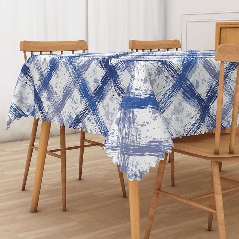 Lofaris Blue and Grey Graffiti Grid Rectangle Tablecloth for Abstract Modern Urban Art Dining Decor