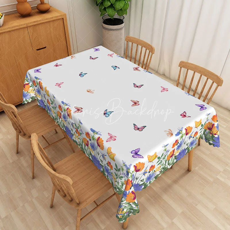 Lofaris Blue and Orange Floral Rectangle Tablecloth Spring Butterfly Garden Table Cover Vibrant Dining Room Decor