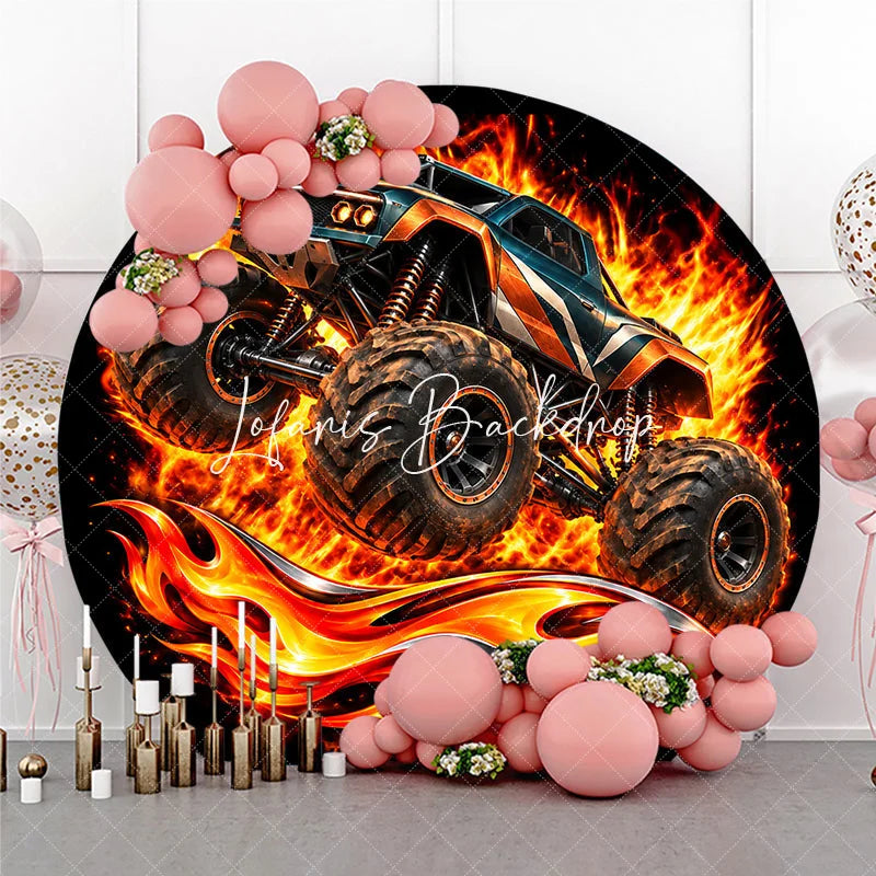 Lofaris Blue and Orange Monster Truck Jumping with Intense Fire Round Backdrop Exciting Boys Birthday Party Decor