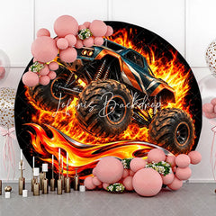 Lofaris Blue and Orange Monster Truck Jumping with Intense Fire Round Backdrop Exciting Boys Birthday Party Decor