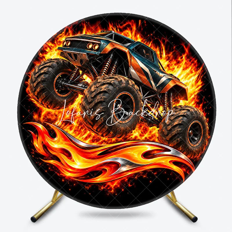 Lofaris Blue and Orange Monster Truck Jumping with Intense Fire Round Backdrop Exciting Boys Birthday Party Decor