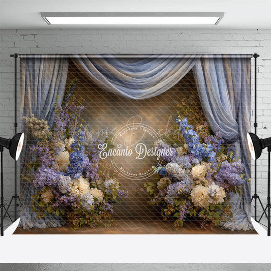 Lofaris Blue and Purple Floral Photography Backdrop with Drapes Hydrangea Lilac Elegant Maternity or Wedding