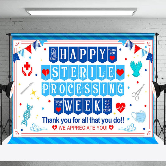 Lofaris Blue and Red Happy Sterile Processing Week Holiday Backdrop Medical Healthcare Appreciation Event Decor