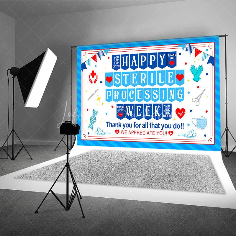 Lofaris Blue and Red Happy Sterile Processing Week Holiday Backdrop Medical Healthcare Appreciation Event Decor
