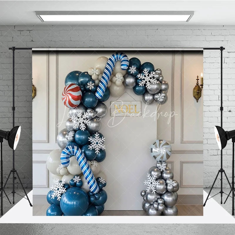 Lofaris Blue and Silver Balloon Arch Backdrop Candy Cane Snowflake Background Winter Wonderland Christmas Party Decoration
